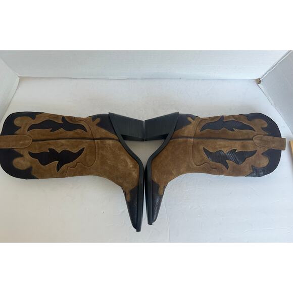 Zara Combined Split Suede Leather Cowgirl Pull On Pointed Toe Mid Calf Boot READ - Picture 4 of 10